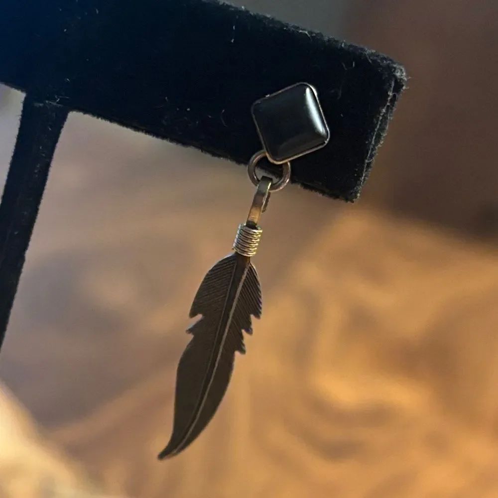Single Black Onyx Native American Feather Earring